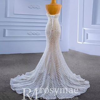 Gorgeous Beading Pearl Wedding Dress with Keyhole Front and Back - Rosymae