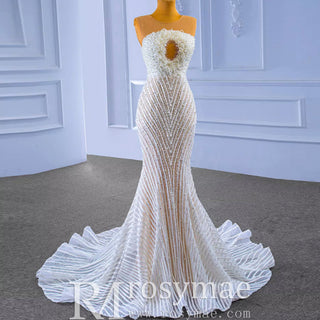 Gorgeous Beading Pearl Wedding Dress with Keyhole Front and Back - Rosymae