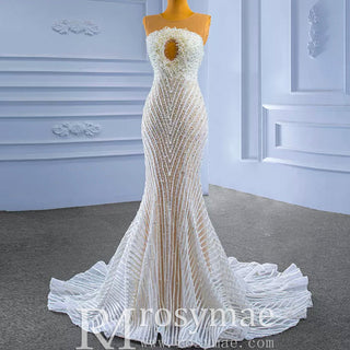 Gorgeous Beading Pearl Wedding Dress with Keyhole Front and Back - Rosymae