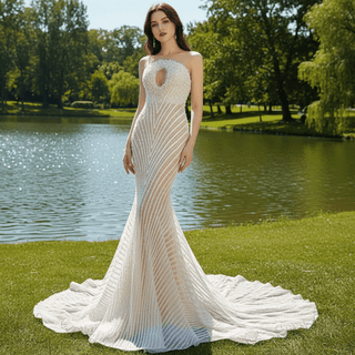 Gorgeous Beading Pearl Wedding Dress with Keyhole Front and Back - Rosymae