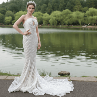 Gorgeous Beading Pearl Wedding Dress with Keyhole Front and Back - Rosymae