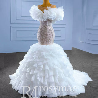Gorgeous Beading Sequins Cascading Ruffles Wedding Dress - Rosymae