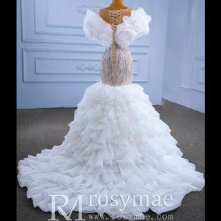 Gorgeous Beading Sequins Cascading Ruffles Wedding Dress - Rosymae