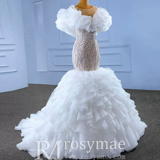 Gorgeous Beading Sequins Cascading Ruffles Wedding Dress - Rosymae