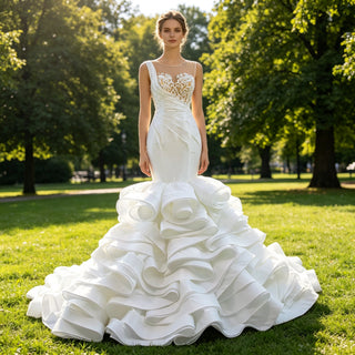 Gorgeous Cascading Ruffles Trumpet Wedding Dress with Sheer Neck