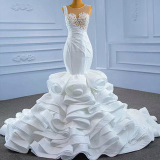 Gorgeous Cascading Ruffles Trumpet Wedding Dress with Sheer Neck - Rosymae