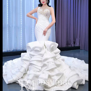 Gorgeous Cascading Ruffles Trumpet Wedding Dress with Sheer Neck - Rosymae