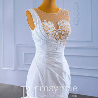 Gorgeous Cascading Ruffles Trumpet Wedding Dress with Sheer Neck - Rosymae