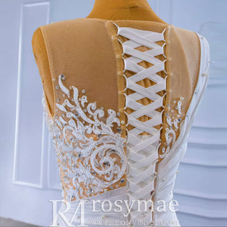Gorgeous Cascading Ruffles Trumpet Wedding Dress with Sheer Neck - Rosymae