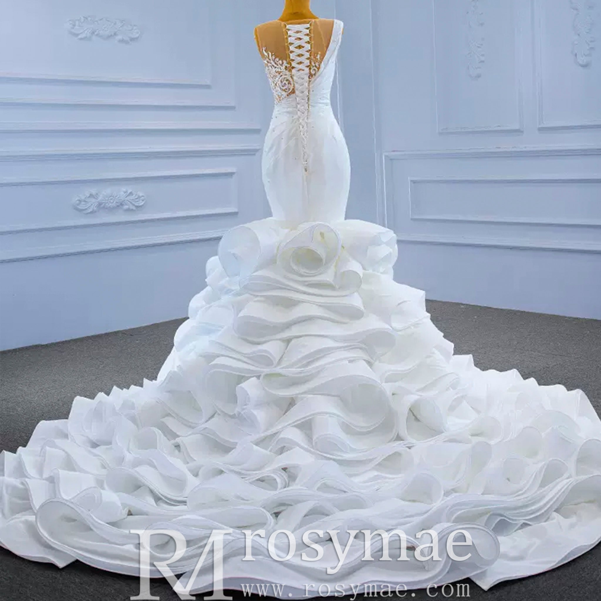 Gorgeous Cascading Ruffles Trumpet Wedding Dress with Sheer Neck - Rosymae