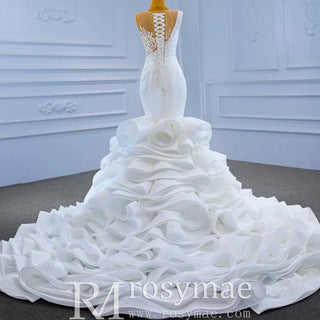 Gorgeous Cascading Ruffles Trumpet Wedding Dress with Sheer Neck - Rosymae