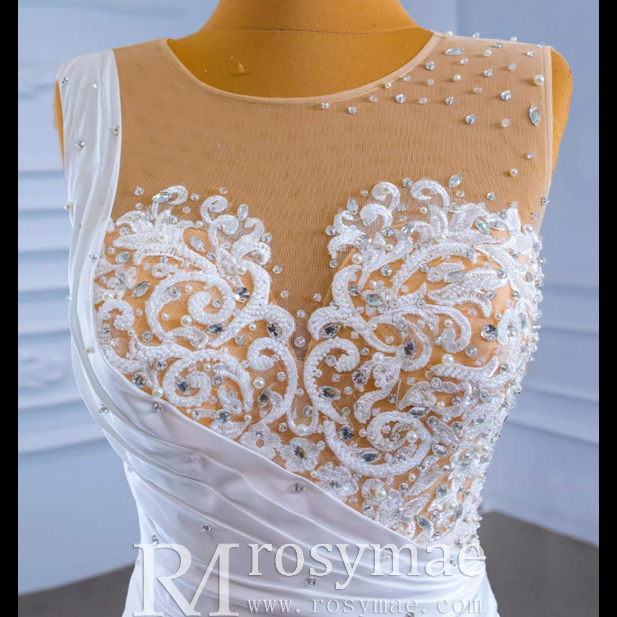 Gorgeous Cascading Ruffles Trumpet Wedding Dress with Sheer Neck - Rosymae