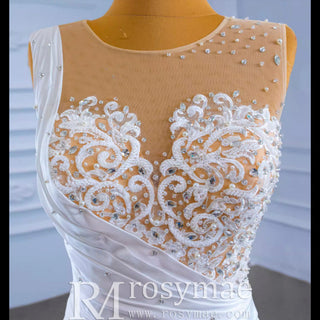 Gorgeous Cascading Ruffles Trumpet Wedding Dress with Sheer Neck - Rosymae