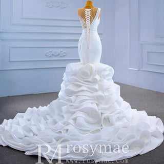 Gorgeous Cascading Ruffles Trumpet Wedding Dress with Sheer Neck - Rosymae