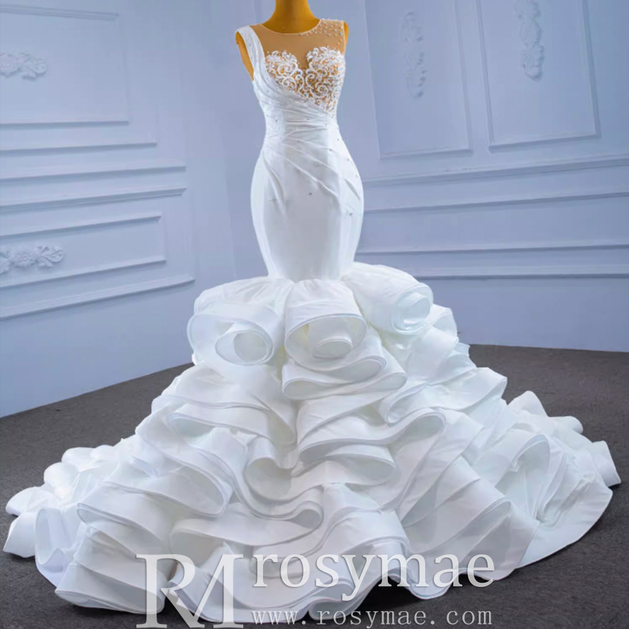 Gorgeous Cascading Ruffles Trumpet Wedding Dress with Sheer Neck - Rosymae