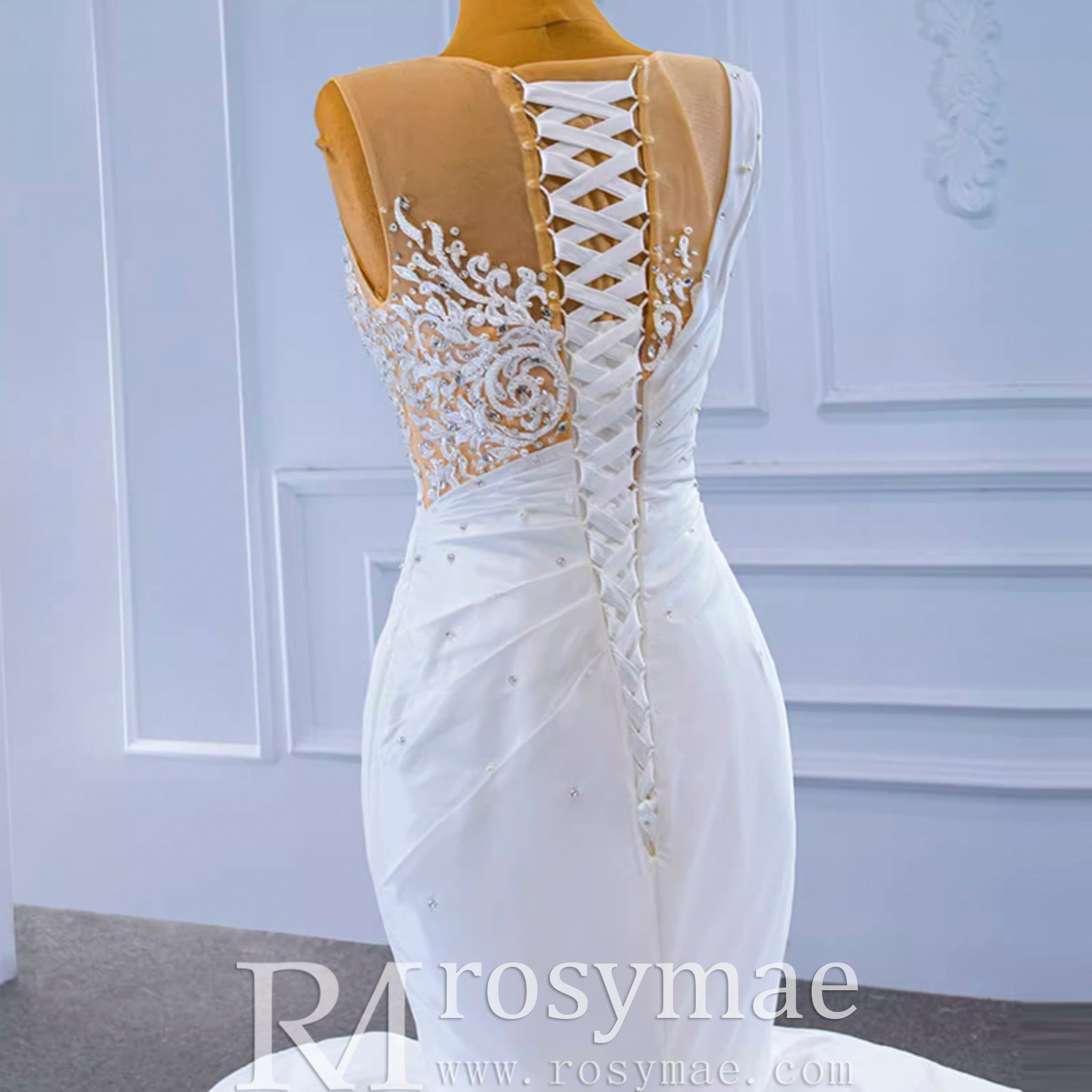 Gorgeous Cascading Ruffles Trumpet Wedding Dress with Sheer Neck - Rosymae
