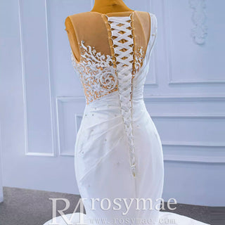 Gorgeous Cascading Ruffles Trumpet Wedding Dress with Sheer Neck - Rosymae