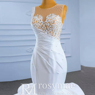 Gorgeous Cascading Ruffles Trumpet Wedding Dress with Sheer Neck - Rosymae