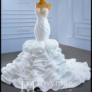 Gorgeous Cascading Ruffles Trumpet Wedding Dress with Sheer Neck - Rosymae
