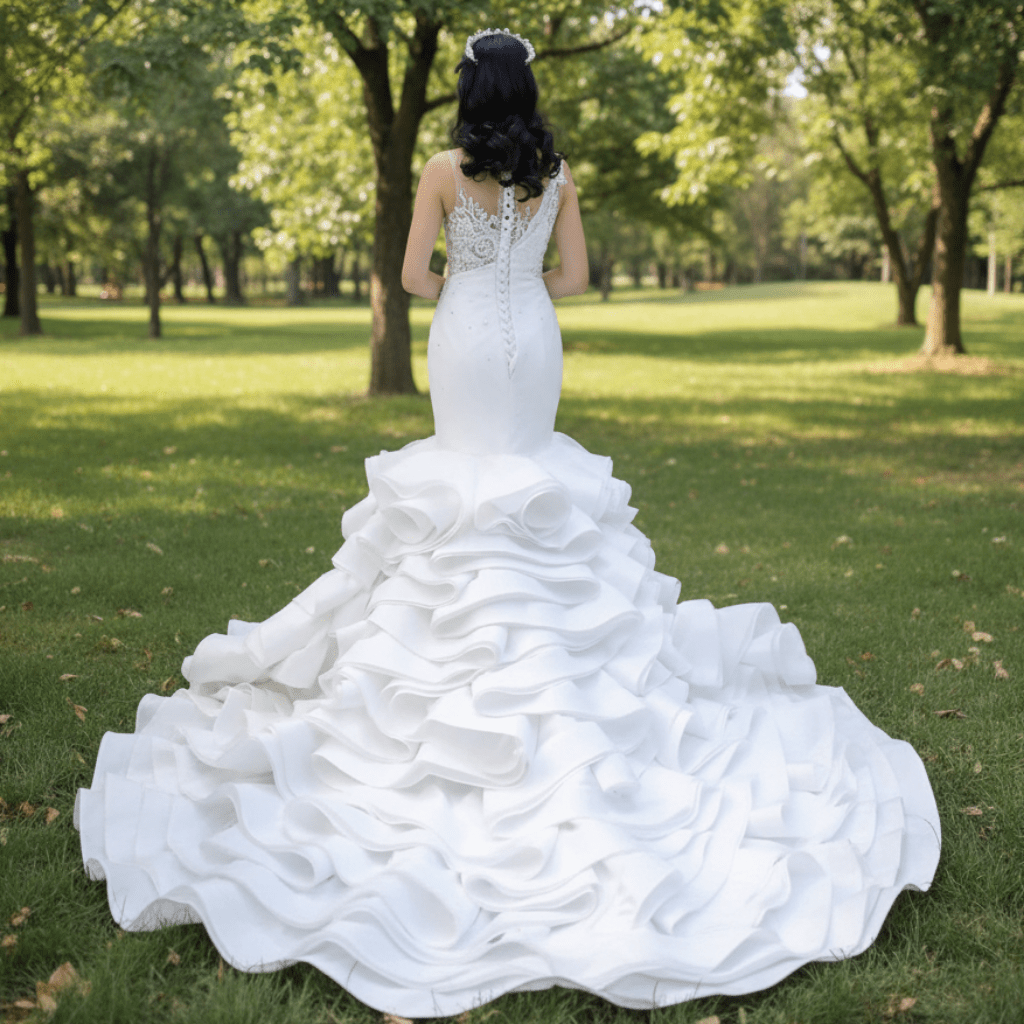 Gorgeous Cascading Ruffles Trumpet Wedding Dress with Sheer Neck - Rosymae