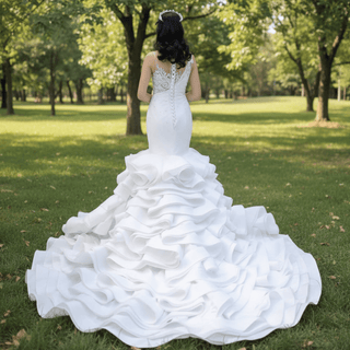 Gorgeous Cascading Ruffles Trumpet Wedding Dress with Sheer Neck - Rosymae
