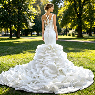 Gorgeous Cascading Ruffles Trumpet Wedding Dress with Sheer Neck