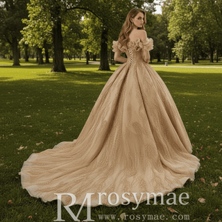 Gorgeous Champagne Gold Glitter Sequins Prom Dress with Off the Shoulder - Rosymae