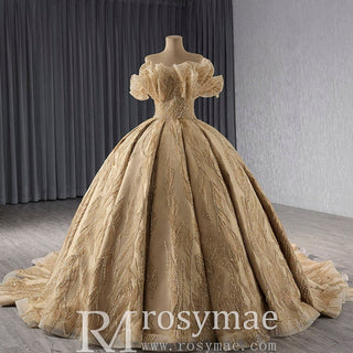 Gorgeous Champagne Gold Glitter Sequins Prom Dress with Off the Shoulder - Rosymae