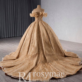 Gorgeous Champagne Gold Glitter Sequins Prom Dress with Off the Shoulder - Rosymae