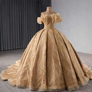 Gorgeous Champagne Gold Glitter Sequins Prom Dress with Off the Shoulder - Rosymae