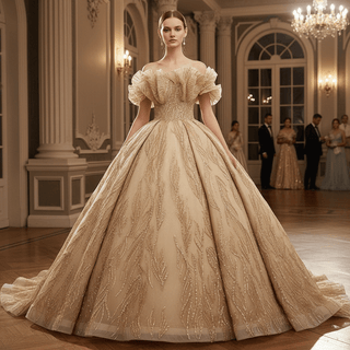 Gorgeous Champagne Gold Glitter Sequins Prom Dress with Off the Shoulder - Rosymae