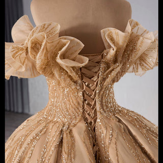 Gorgeous Champagne Gold Glitter Sequins Prom Dress with Off the Shoulder - Rosymae