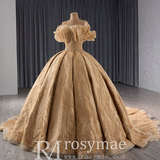 Gorgeous Champagne Gold Glitter Sequins Prom Dress with Off the Shoulder - Rosymae