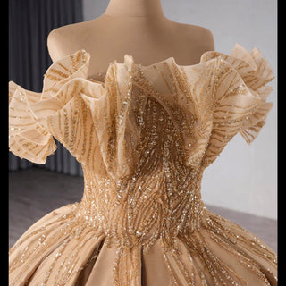 Gorgeous Champagne Gold Glitter Sequins Prom Dress with Off the Shoulder - Rosymae