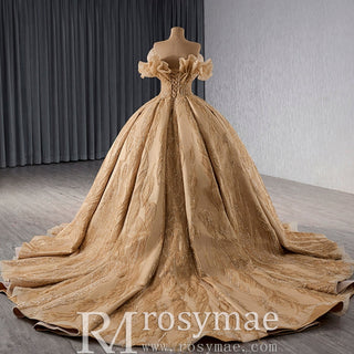 Gorgeous Champagne Gold Glitter Sequins Prom Dress with Off the Shoulder - Rosymae