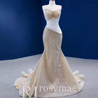 Gorgeous Champagne Pearl Lace Rhinestone Wedding Dress - Rosymae
