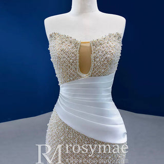 Gorgeous Champagne Pearl Lace Rhinestone Wedding Dress - Rosymae
