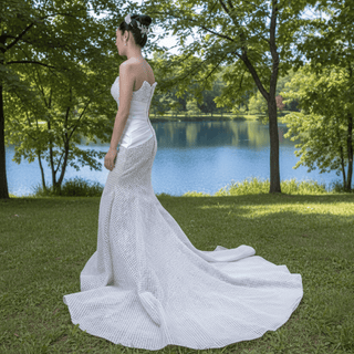 Gorgeous Champagne Pearl Lace Rhinestone Wedding Dress - Rosymae