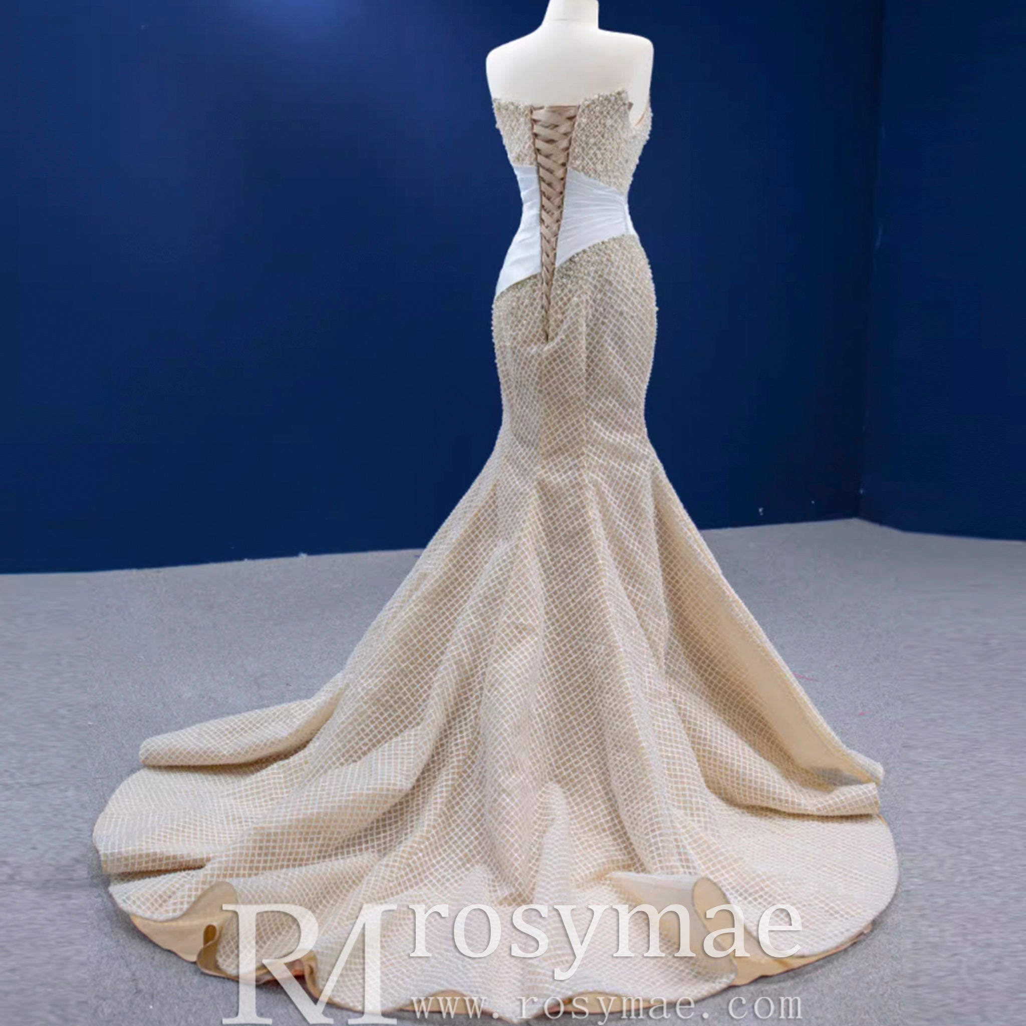 Gorgeous Champagne Pearl Lace Rhinestone Wedding Dress - Rosymae