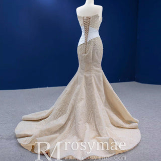 Gorgeous Champagne Pearl Lace Rhinestone Wedding Dress - Rosymae