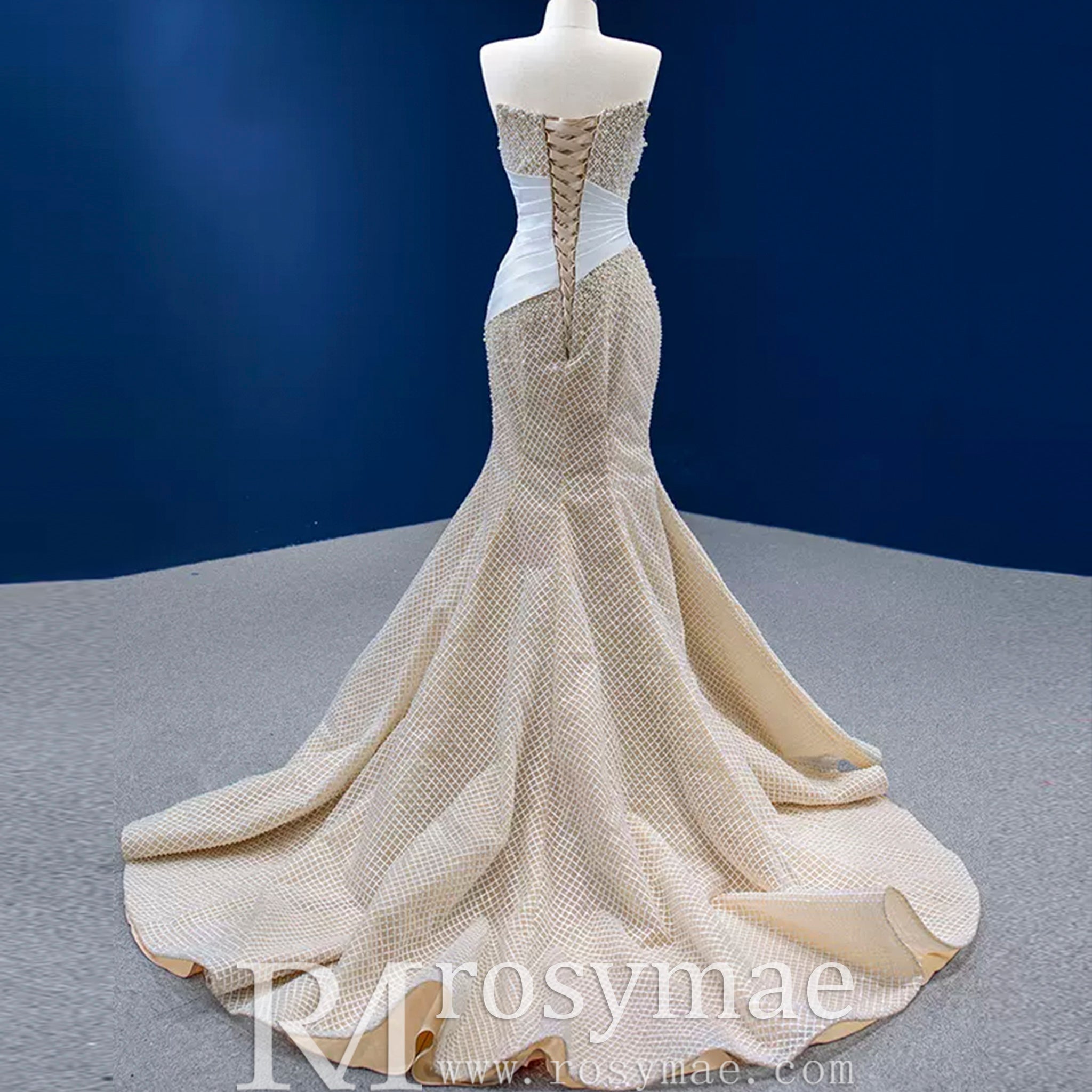 Gorgeous Champagne Pearl Lace Rhinestone Wedding Dress - Rosymae