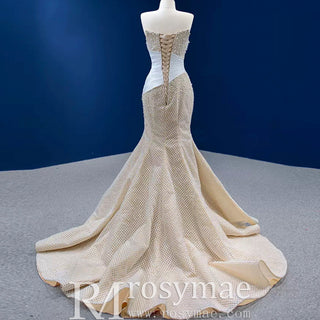 Gorgeous Champagne Pearl Lace Rhinestone Wedding Dress - Rosymae