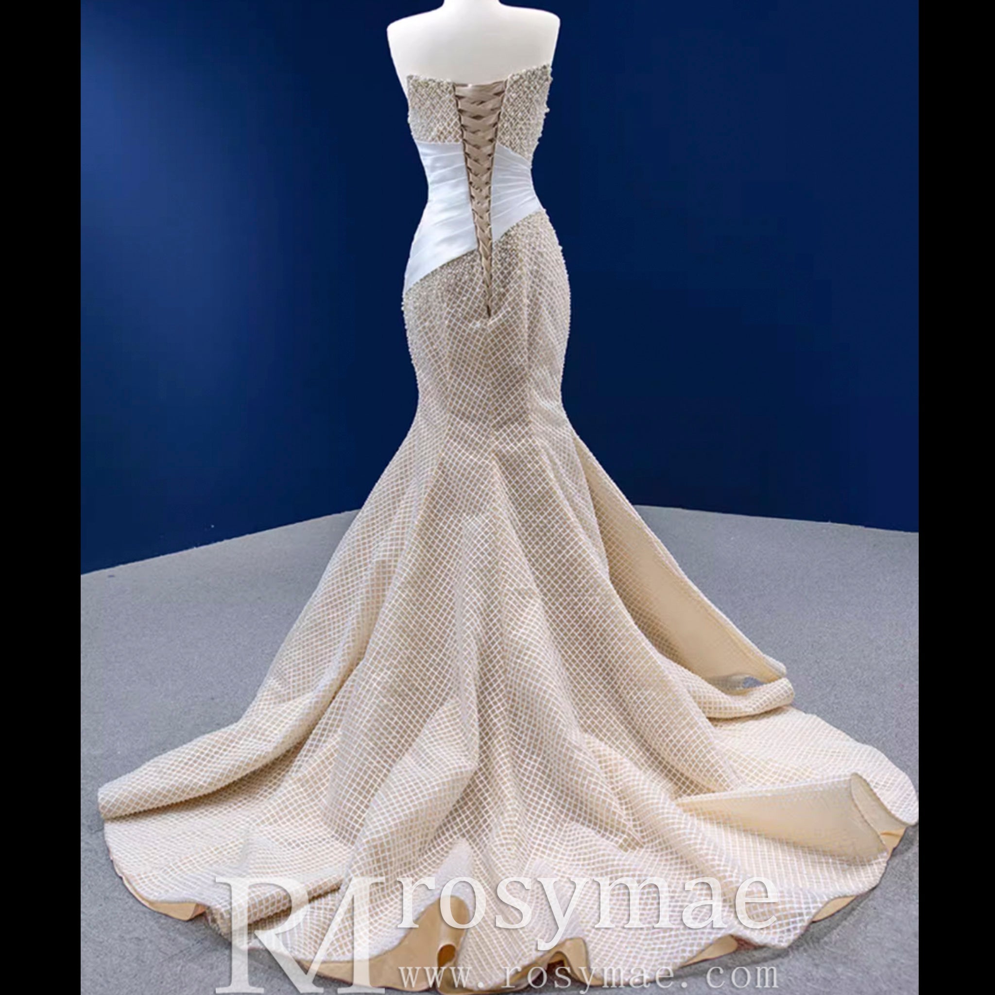 Gorgeous Champagne Pearl Lace Rhinestone Wedding Dress - Rosymae
