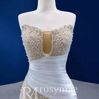 Gorgeous Champagne Pearl Lace Rhinestone Wedding Dress - Rosymae