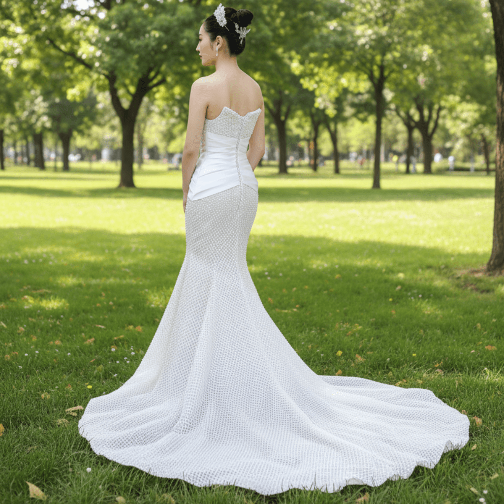 Gorgeous Champagne Pearl Lace Rhinestone Wedding Dress - Rosymae
