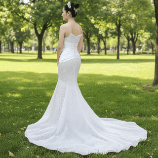 Gorgeous Champagne Pearl Lace Rhinestone Wedding Dress - Rosymae