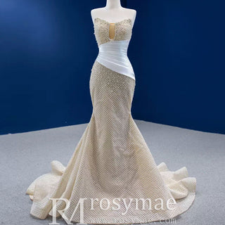 Gorgeous Champagne Pearl Lace Rhinestone Wedding Dress - Rosymae