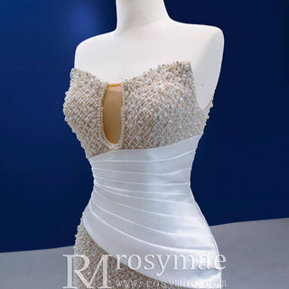 Gorgeous Champagne Pearl Lace Rhinestone Wedding Dress - Rosymae