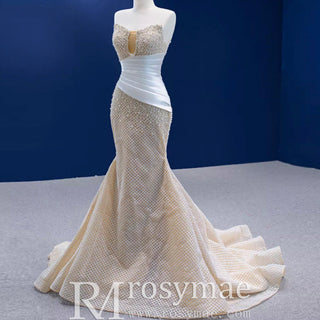 Gorgeous Champagne Pearl Lace Rhinestone Wedding Dress - Rosymae