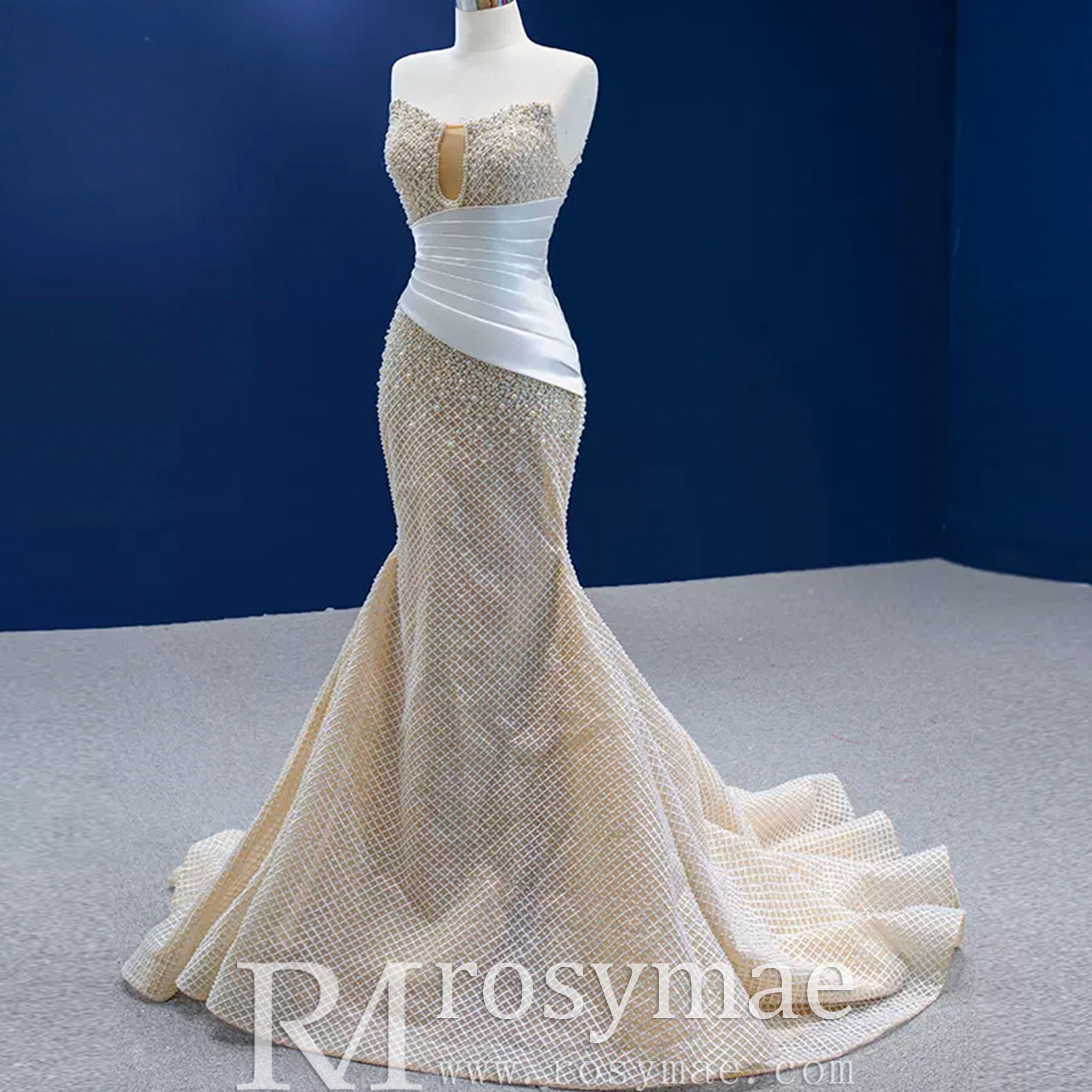 Gorgeous Champagne Pearl Lace Rhinestone Wedding Dress - Rosymae